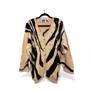 Vintage Y2K Era Storybook Knits Cream and Black Animal Print Beaded Sweater 2X
